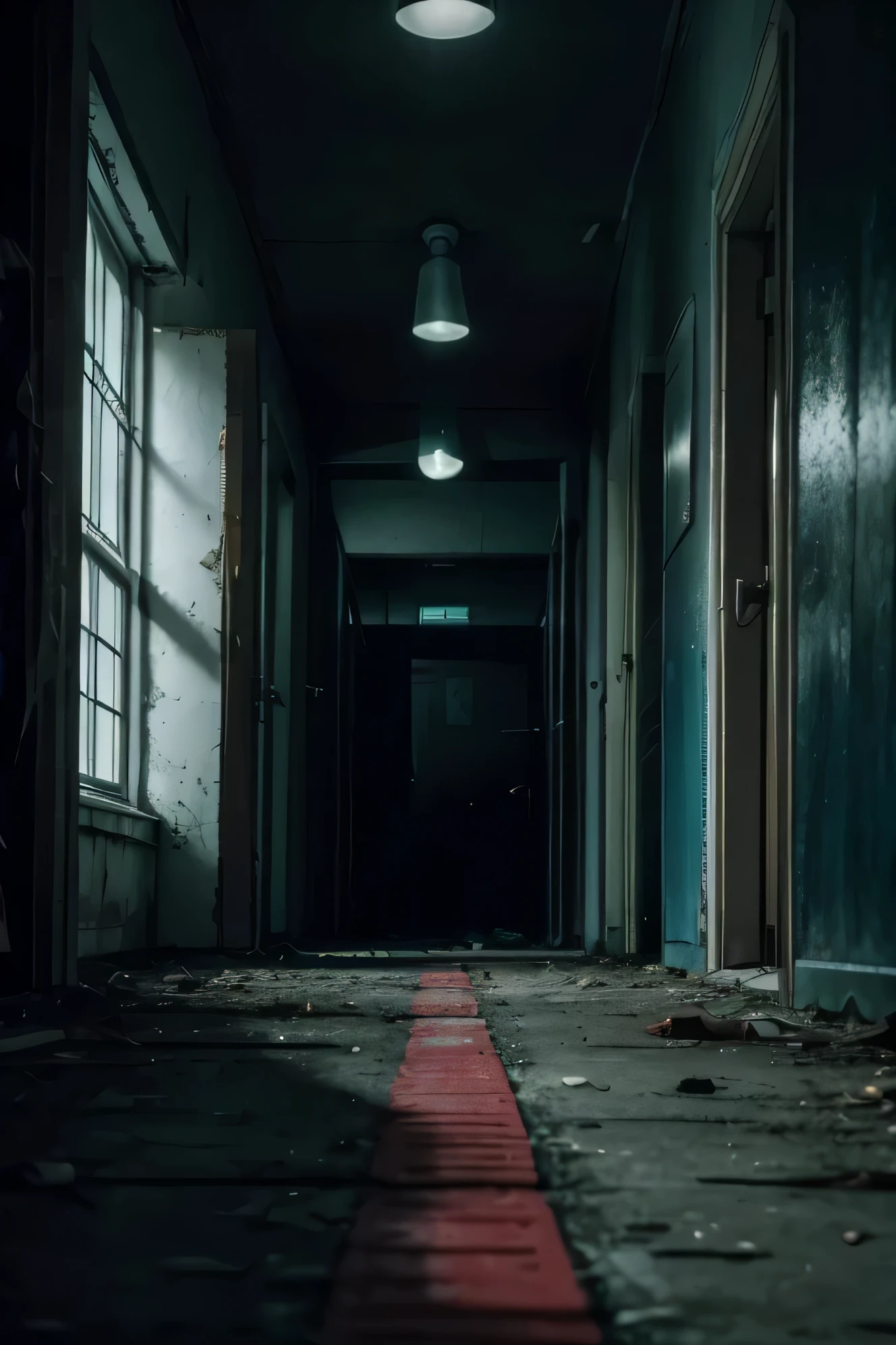 Create a horror movie cover where there was a murder at a school, scenario only, withouth People adicione sangue no chão e nas paredes e um cadáver