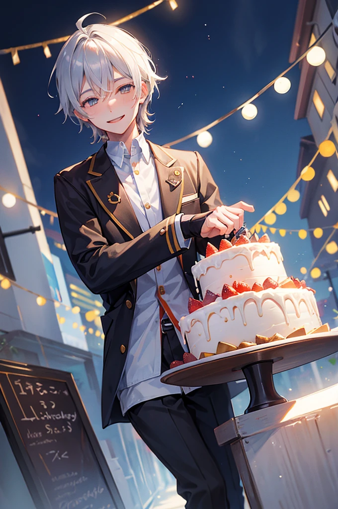 Celebrate a birthday,chum,Kizuna element,Young men,a cake,a smile,Gray Hair
