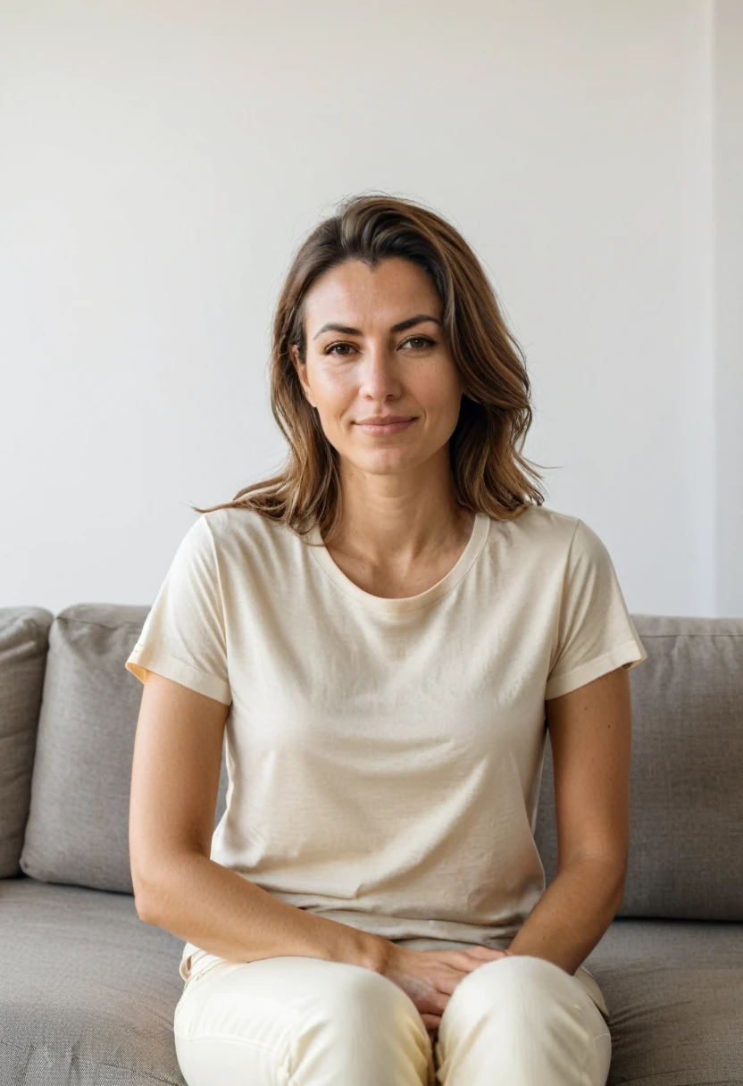 RAW photo, full body, 30-year-old woman, casual t-shirt, sitting on the guest sofa, looking at the viewer, wearing cream shoes, straight forward position, in front of the viewpoint,