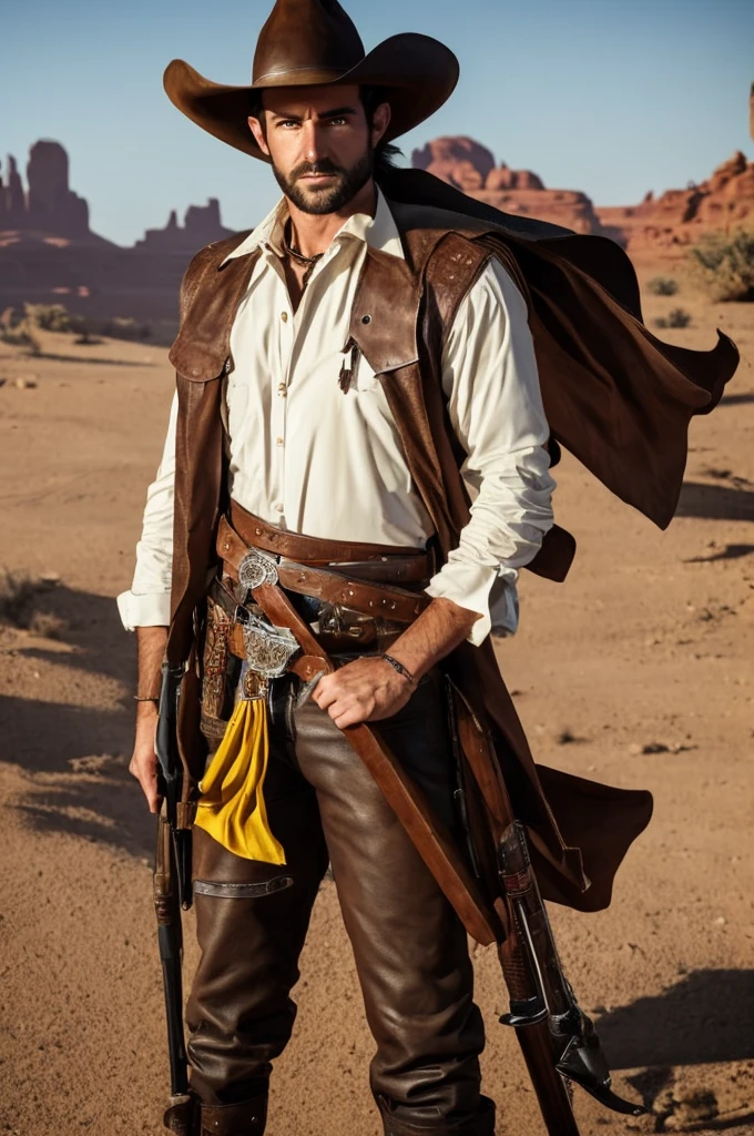 A male Tiefling Artificer named Moxie, aged 23, standing in a desert environment. He has red skin, medium-length white hair slicked back, and yellow eyes with black pupils. His horns are bent backward, and he has a metal artificial hand. Moxie is dressed in a dusty cowboy outfit, including a white shirt, brown vest, leather duster, and a brown cowboy hat. He holds a self-made hunting rifle with both hands and has a bunch of grenades attached to his belt and a bag of holding. He has a gentle but serious expression on his face