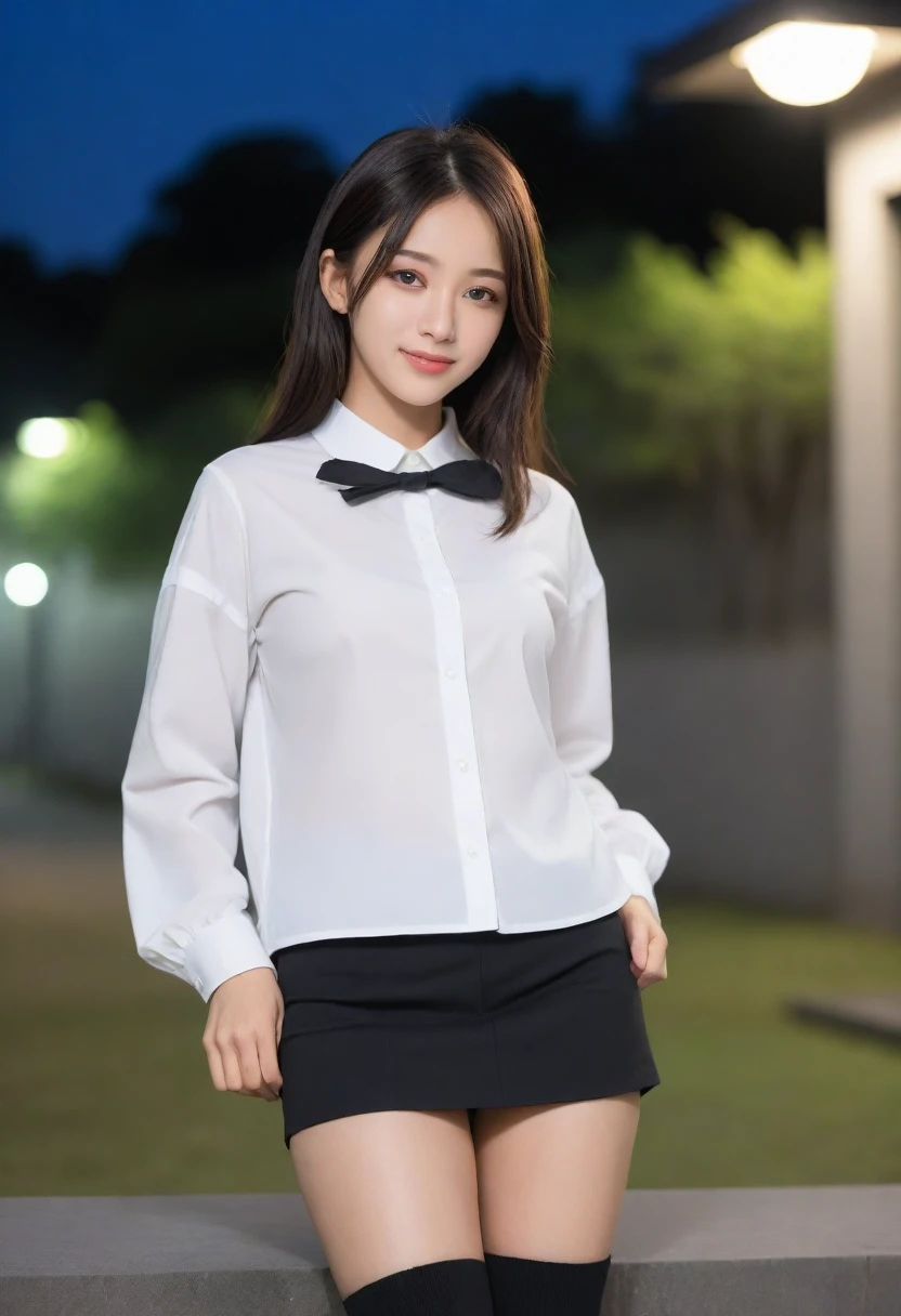 8K, Ultra-high resolution, Highest quality, masterpiece, 三分割法によるphotograph,Surreal, photograph, 1 Girl, (16 years old:1.3), pretty girl, Cute face, Beautiful eyes in every detail, 細かくdetailedに,masterpiece,, One Girl:1.2, Japan Female Announcer,whole body, White shirt, Are standing, whole bodyショット, Black Pencil Skirt, Outdoor, night, Urban area, Date, High heels 、Knee socks, Attractive thighs, Sensual,A carefree smile,Heal the heart,Black Hair,Long Straight Hair,Looking at the audience、beauty,Long neck、Laugh a little、Please close your mouth and laugh、(((Ideal body type))),A cup small breasts :2,、Portraiture:2、Perfect Anatomy、鮮明なdetailed、detailed、Surreal、Light and shadow,Strong light