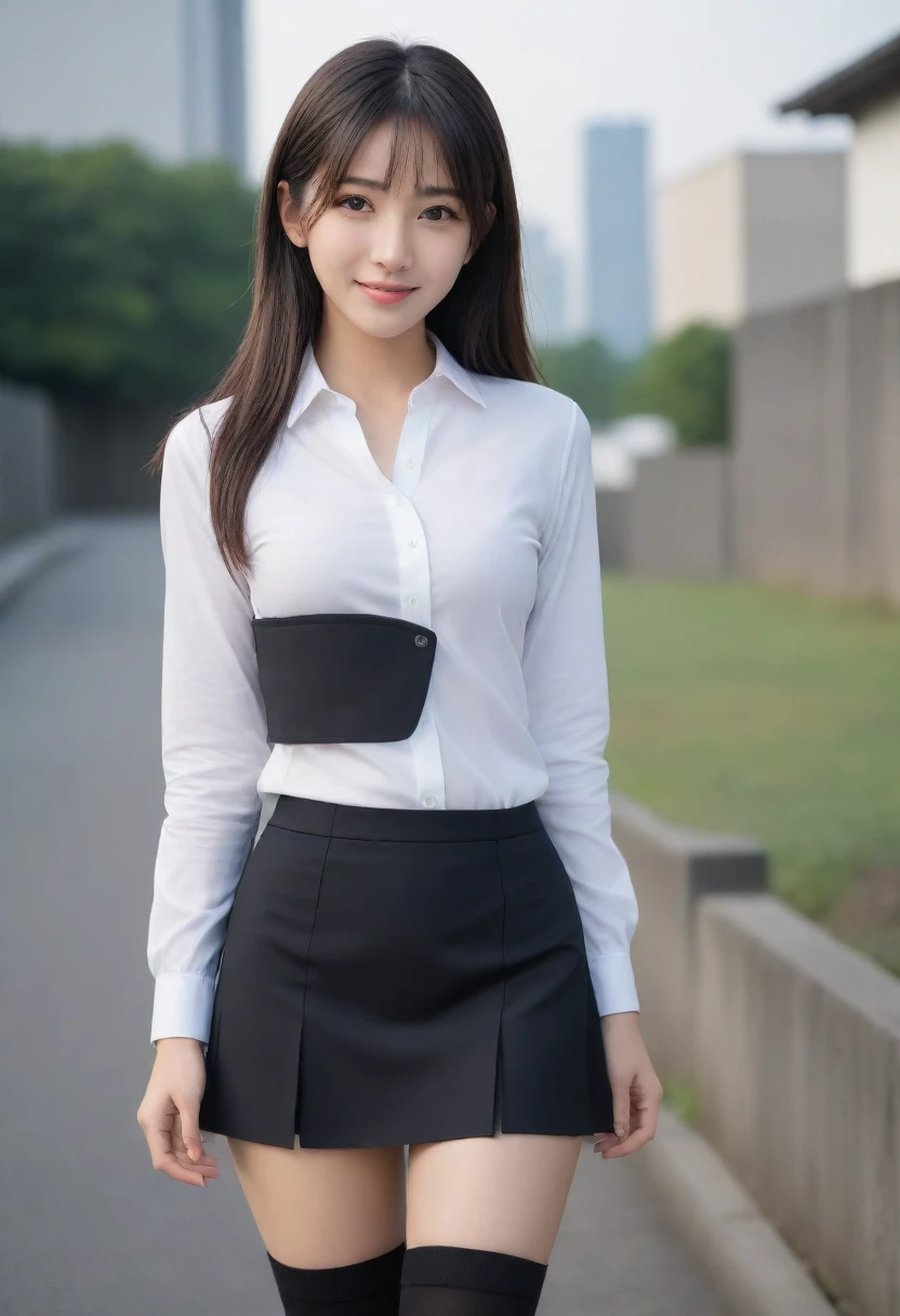 8K, Ultra-high resolution, Highest quality, masterpiece, 三分割法によるphotograph,Surreal, photograph, 1 Girl, (16 years old:1.3), pretty girl, Cute face, Beautiful eyes in every detail, 細かくdetailedに,masterpiece,, One Girl:1.2, Japan Female Announcer,whole body, White shirt, Are standing, whole bodyショット, Black Pencil Skirt, Outdoor, night, Urban area, Date, High heels 、Knee socks, Attractive thighs, Sensual,A carefree smile,Heal the heart,Black Hair,Long Straight Hair,Looking at the audience、beauty,Long neck、Laugh a little、Please close your mouth and laugh、(((Ideal body type))),A cup small breasts :2,、Portraiture:2、Perfect Anatomy、鮮明なdetailed、detailed、Surreal、Light and shadow,Strong light