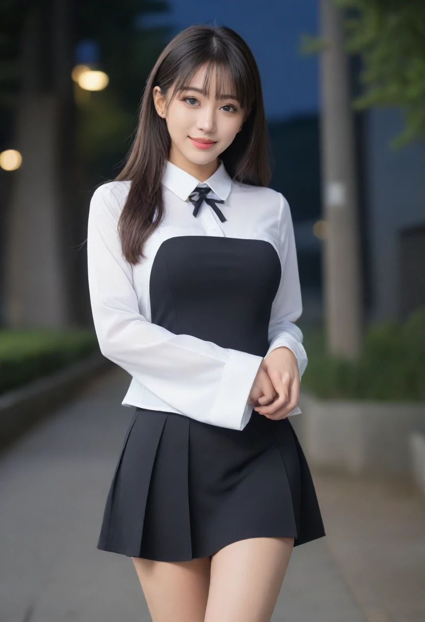 8K, Ultra-high resolution, Highest quality, masterpiece, 三分割法によるphotograph,Surreal, photograph, 1 Girl, (16 years old:1.3), pretty girl, Cute face, Beautiful eyes in every detail, 細かくdetailedに,masterpiece,, One Girl:1.2, Japan Female Announcer,whole body, White shirt, Are standing, whole bodyショット, Black Pencil Skirt, Outdoor, night, Urban area, Date, High heels 、Knee socks, Attractive thighs, Sensual,A carefree smile,Heal the heart,Black Hair,Long Straight Hair,Looking at the audience、beauty,Long neck、Laugh a little、Please close your mouth and laugh、(((Ideal body type))),A cup small breasts :2,、Portraiture:2、Perfect Anatomy、鮮明なdetailed、detailed、Surreal、Light and shadow,Strong light