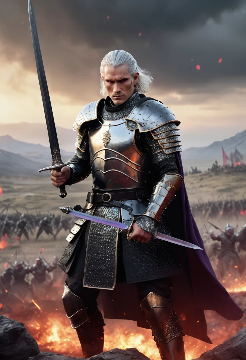 (masterpiece, 8K, UHD, high resolution: 1.4), imposing portrait of Aegon Targaryen, (tall, broad shouldered, powerful appearance: 1.3), (piercing purple eyes, short silver and gold hair: 1, 3), (wearing black scale armor into battle: 1.2), (wielding a black steel sword: 1.3), (wearing on his head a black steel crown with large square-cut rubies: 1.2 ), (battlefield landscape in the background: 1.1), (authoritative and charismatic atmosphere: 1.3), realistic and intricate details, (fantasy and history elements: 1.2), (heroic and enigmatic perspective : 1.3)