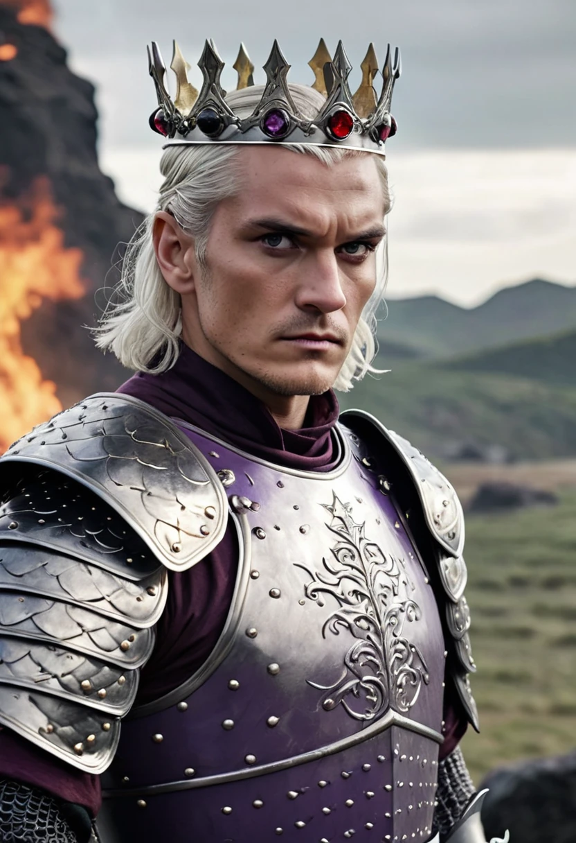 (masterpiece, 8K, UHD, high resolution: 1.4), imposing portrait of Aegon Targaryen, (tall, broad shouldered, powerful appearance: 1.3), (piercing purple eyes, short silver and gold hair: 1, 3), (wearing black scale armor into battle: 1.2), (wielding a black steel sword: 1.3), (wearing on his head a black steel crown with large square-cut rubies: 1.2 ), (battlefield landscape in the background: 1.1), (authoritative and charismatic atmosphere: 1.3), realistic and intricate details, (fantasy and history elements: 1.2), (heroic and enigmatic perspective : 1.3)