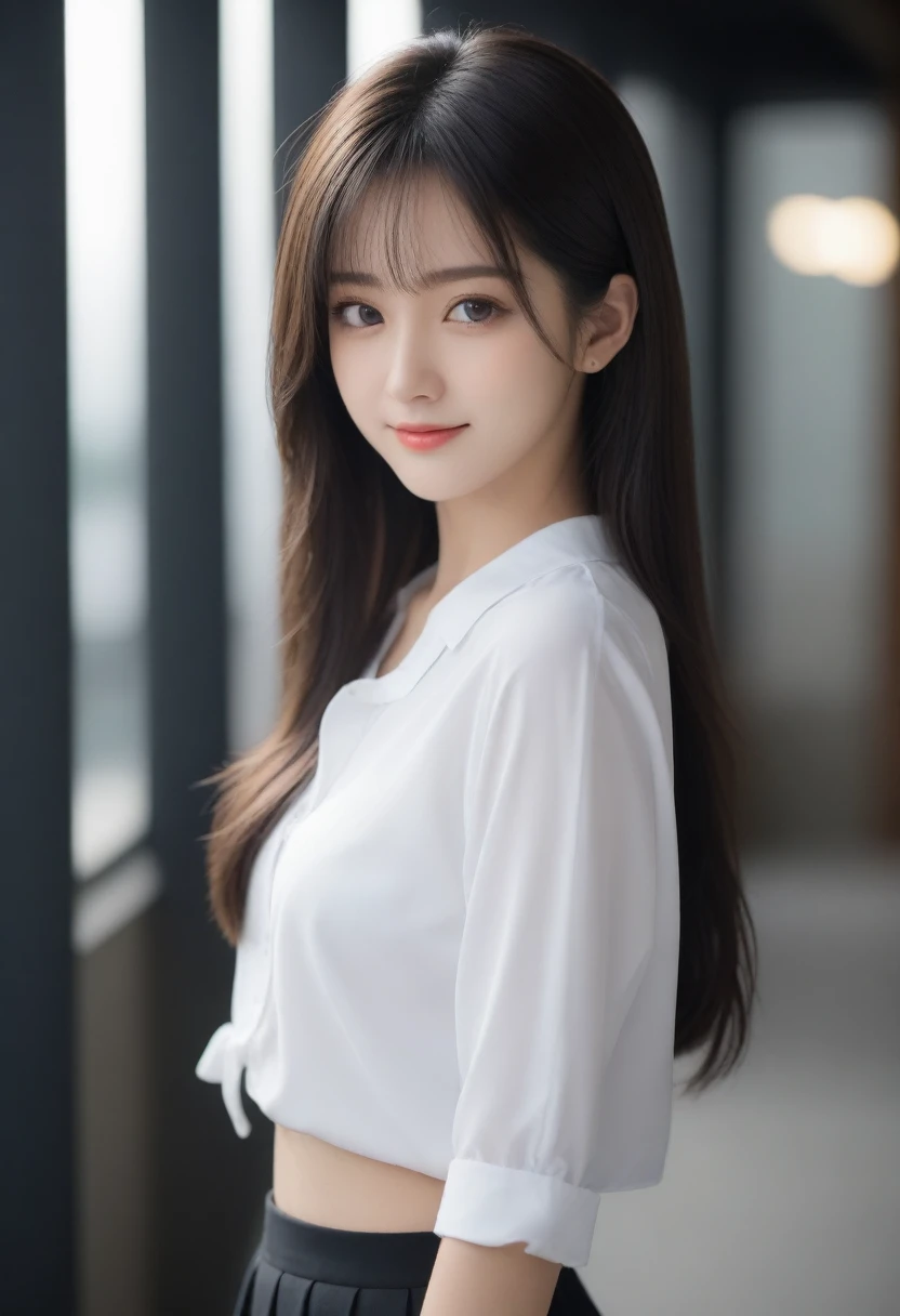 best quality, white skin, real human skin, (detailed fac), oval face, pores, ultra high res, (8k, RAW photo, photorealistic:1.4), 1girl, slim, (looking at viewer with a serene and goddess-like happiness:1.2), ( lipgloss, eyelashes, gloss-face, best quality, ultra highres, Broad lighting, natural shading), oversized jacket, fashion shirt, cityscape,