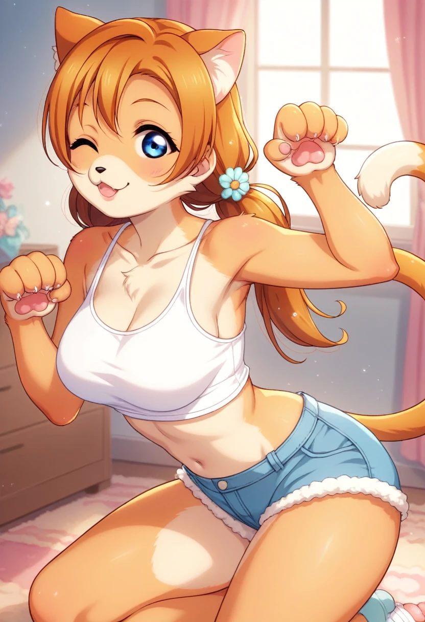 Honoka kousaka love live, cowboy shot, blue eyes, orange hair,hair flower, solo, furry crop top, breasts, furry shorts, white furr,cat paw,paw pose, perfect eyes, Perfect iris，Perfect skin，Soft front light，indoors；（pastel colour:1.2),(lipstick:0.8) ,wariza,full body,wink, mommy,low twintails, curvy thicc body 