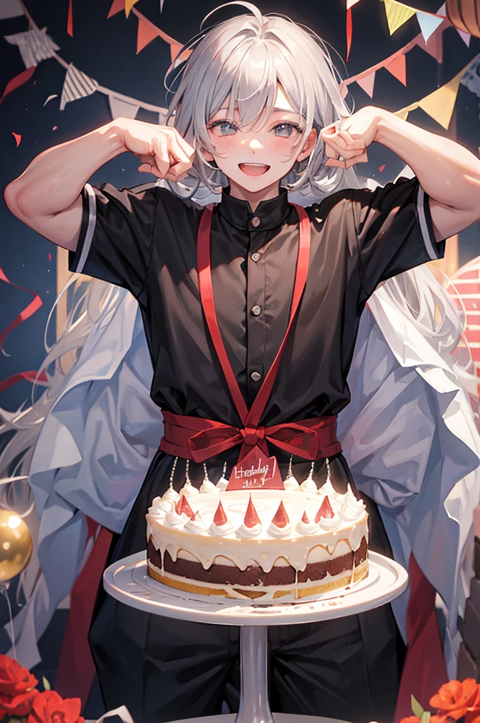Celebrate a birthday,chum,Kizuna element,Young men,a cake,a smile,Gray Hair