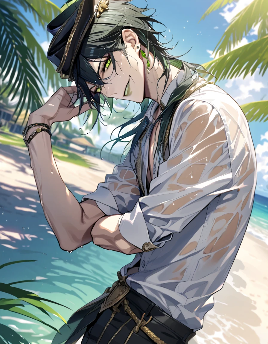 ((masterpiece:1.4, best quality)), (Ultra detailed background), 1boy, handsome man, highly detailed beautiful face and eyes, white hair, beautiful eyes, (sharp detail:1.3), shiny, earrings, bracelet, (wet clothes:1.3), Shirts, Bari, Cebu Island, plumeria, near the beach, stretch,lie on one's back, dynamic angle, malleus draconia (twisted wonderland) horns, bishounen, boy, male, yana Toboso style, long hair, black hair, yellow green eyes, smile, gray lips, handsome, skinny, tall, yellow green glow,