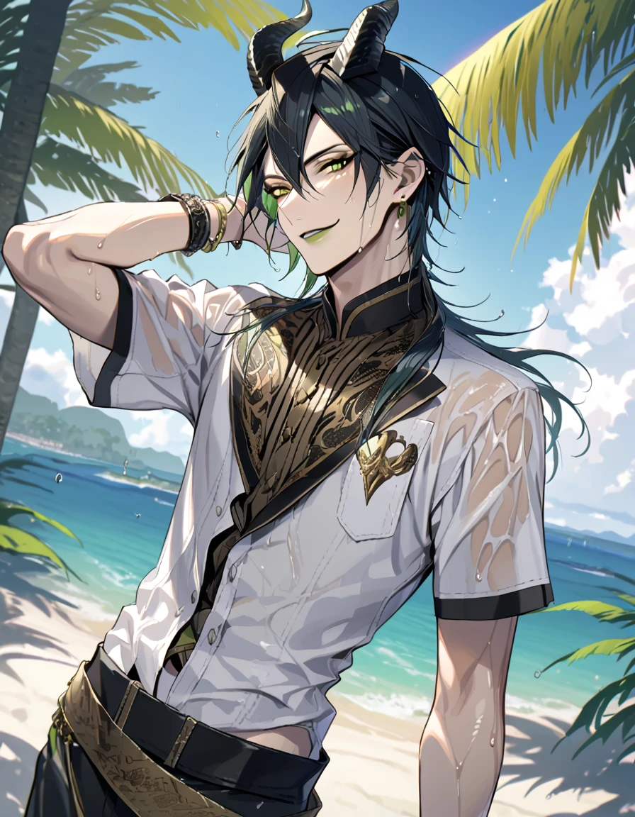 ((masterpiece:1.4, best quality)), (Ultra detailed background), 1boy, handsome man, highly detailed beautiful face and eyes, white hair, beautiful eyes, (sharp detail:1.3), shiny, earrings, bracelet, (wet clothes:1.3), Shirts, Bari, Cebu Island, plumeria, near the beach, stretch,lie on one's back, dynamic angle, malleus draconia (twisted wonderland) horns, bishounen, boy, male, yana Toboso style, long hair, black hair, yellow green eyes, smile, gray lips, handsome, skinny, tall, yellow green glow,