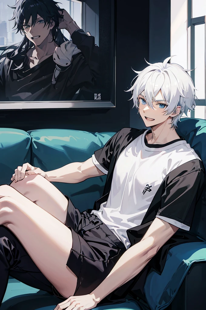 He had light bloonde Messy hair , blue eyes , He had medium build , He was wearing his school unifrom its made of a White shirt and a Dark green T-shirt Under it and Black pants and black boots , he is