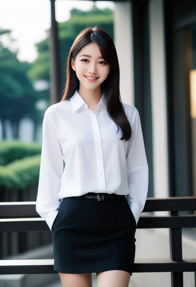 8K, Ultra-high resolution, Highest quality, masterpiece, 三分割法によるphotograph,Surreal, photograph, 1 Girl, (:1.3), pretty girl, Cute face, Beautiful eyes in every detail, 細かくdetailedに,masterpiece,, One Girl:1.2, Japan Female Announcer,whole body, White shirt, Are standing, whole bodyショット, Black Pencil Skirt, Outdoor, night, Urban area, Date, High heels 、Knee socks, Attractive thighs, Sensual,A carefree smile,Heal the heart,Black Hair,Long Straight Hair,Looking at the audience、beauty,Long neck、Laugh a little、Please close your mouth and laugh、(((Ideal body type))),A cup small breasts :2,、Portraiture:2、Perfect Anatomy、鮮明なdetailed、detailed、Surreal、Light and shadow,Strong light