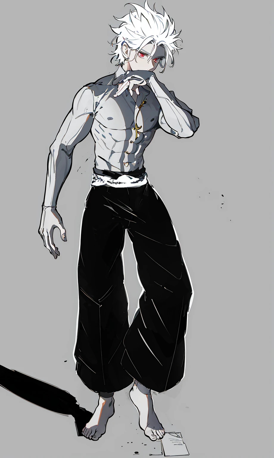 male boy, white hair, defined body, white hair, black kung fu style pants
