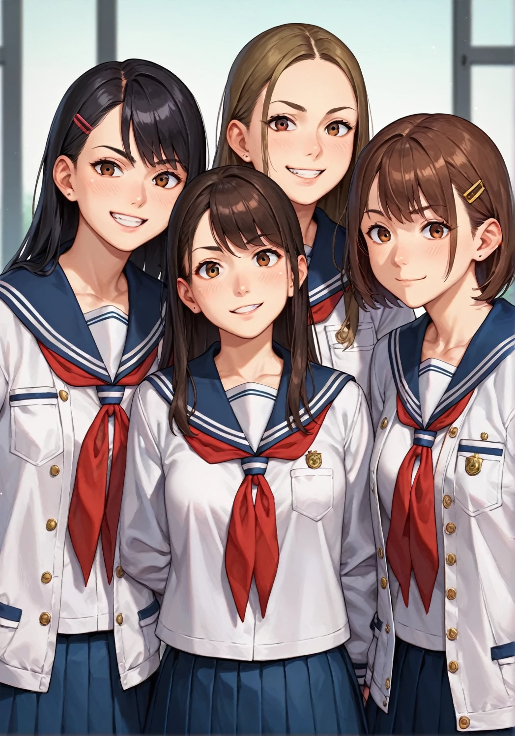 score_9, score_8_up, score_7_up, score_アニメ, Three friends, ((different genders:1.2)), (white jackets), (дорогая school uniform), (school uniform), (British style), looking straight into the camera, front view, confident pose