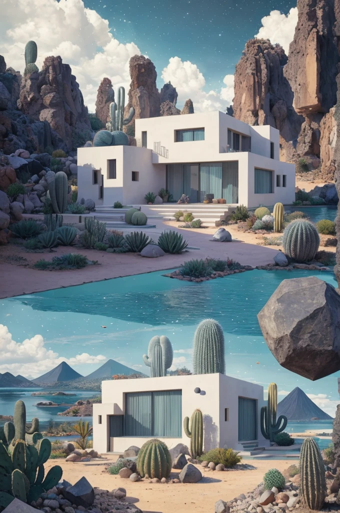 An illustration, collage style, David Hockney visual style, (((Luis Barragán's architectural style houses in middle of a lake))), big boulders, little cascade, mountains, volcanos, volcanic landscape, pool, stairs, beautiful gardens, abundant vegetation, cacti, agave, big clouds, sunset. Magazine cover, serif tipography, editorial design, masterpiece, An illustration in collage style, con rocas gigantes, Brutalist construction sections, escaleras, cactus, agave, textura de concreto, Multiple geometric shapes, hatch and cross hatching, planeta Saturno. ((masterpiece, best quality)),illustration,ultra detailed 8k. (((An illustration of a build designed by Luis Barragán))), with a desertic vegetation garden, (big rocks), ((cacti)), lake, volcano in horizon, smooth clouds, (((illustration collage format))), ((Escher's art style)), (((multiple sections))), (violet, blue, olive green, grey, black and white), hard shadows, (((geometric sculptures))), concrete sculptures, high contrast, dramatic, cinematographic, ((milky way galaxy)), intricate, intricate details, sharp focus,landscape