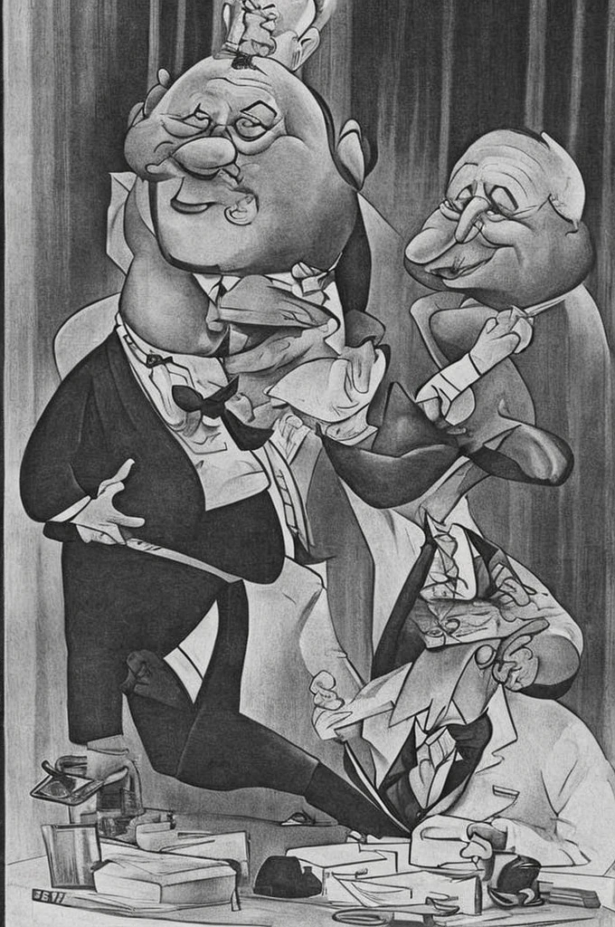 A cartoon caricature of a fat man with a wide nose and a big head, 60 years old