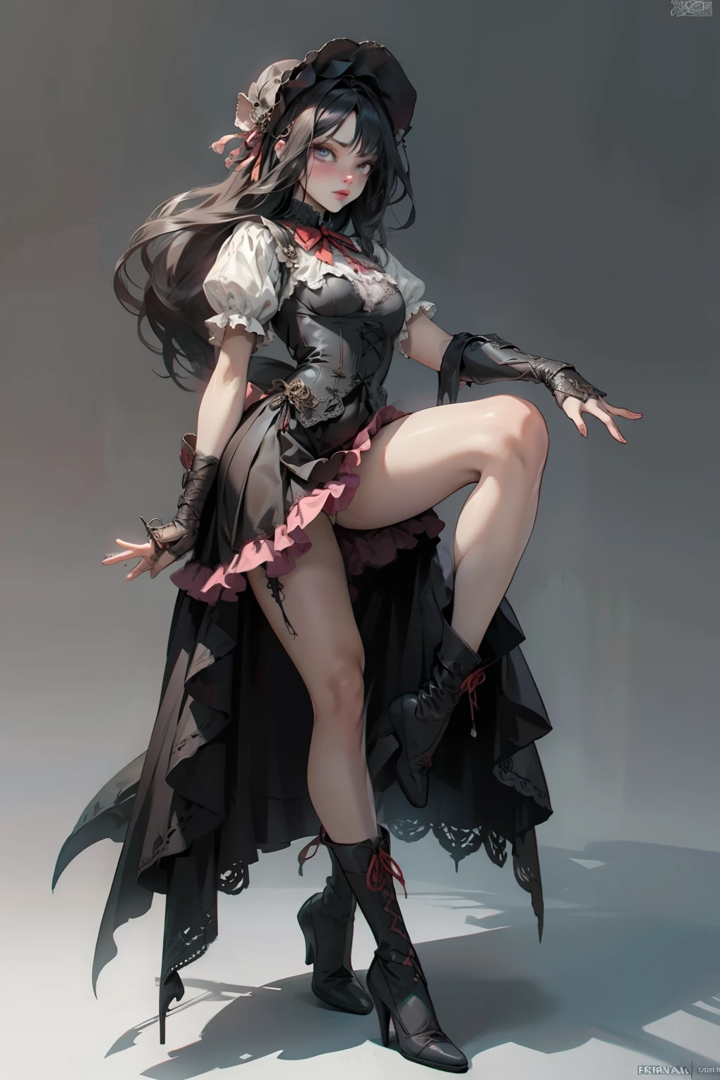 ((best quality)), ((masterpiece)), (detailed), blank white background, plain background, white background, red and white clothing, Bloodborne inspired, occult aesthetic, occult, detailed and intricate steampunk and detailed gothic, NSFW, Very dramatic and cinematic lighting, cosmic horror, grim-dark, side-lighting, perfect face, NSFW, Fluttering lace flared long knee length dress with frilly petticoats, knee length dress, pleated petticoats, lolita dress, petticoats gothic lolita, complex lace boots, side-lighting, gothic lolita aesthetic, wielding a mighty sword with mechanical components, carbine, NSFW, beautiful small breasts, small breasts, full body, whole body, body, plain background, white background, blank background, no background, white background NSFW, full body, whole body, head-to-toe NSFW