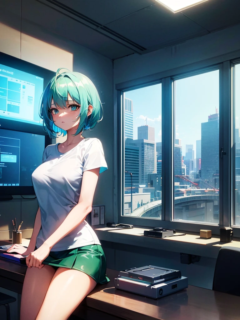 1girl, anime girl, very very anime, gray short hair with light blue gradient/shade/shadow, beautiful emerald green eyes, t-shirt, short skirt, sitting on floor in gaming room, natural daylight from window, (best quality,4k,8k,highres,masterpiece:1.2), intricate details,highly detailed,extremely detailed,award winning, digital art, cinematic lighting, volumetric lighting, vibrant colors, dynamic composition, anime studio art, city scapes background