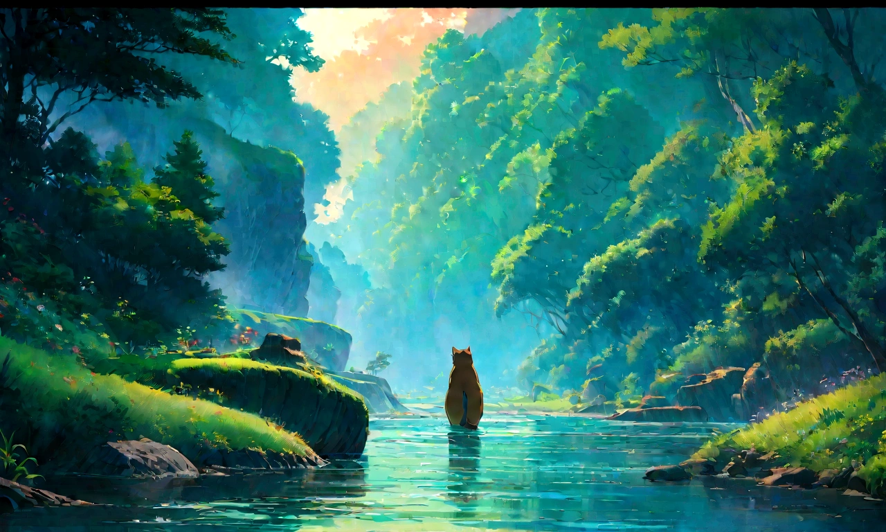 Studio Ghibli-style anime movies, Movie stills, Highest quality, masterpiece, Representative works, Official Art, Professional, Super intricate details, 8K,There is a cat in the distance, in the forest、relax、river