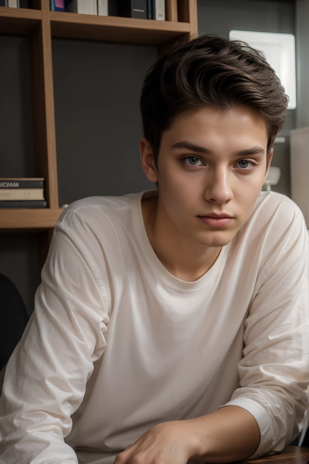 A beautiful young man, a cute male twink, with black hair, a face with make-up, and wearing a long-sleeved, white shirt. He is in his office, and behind him is a blackboard with the shape of sperm written on it, and nuclear energy comes out of it. He has a face with make-up on, and his eyes have dark circles under them, and he is sitting.  He appears innocent and has a beautiful face with make-up while sitting at a luxurious desk with books and neon energy coming out of it