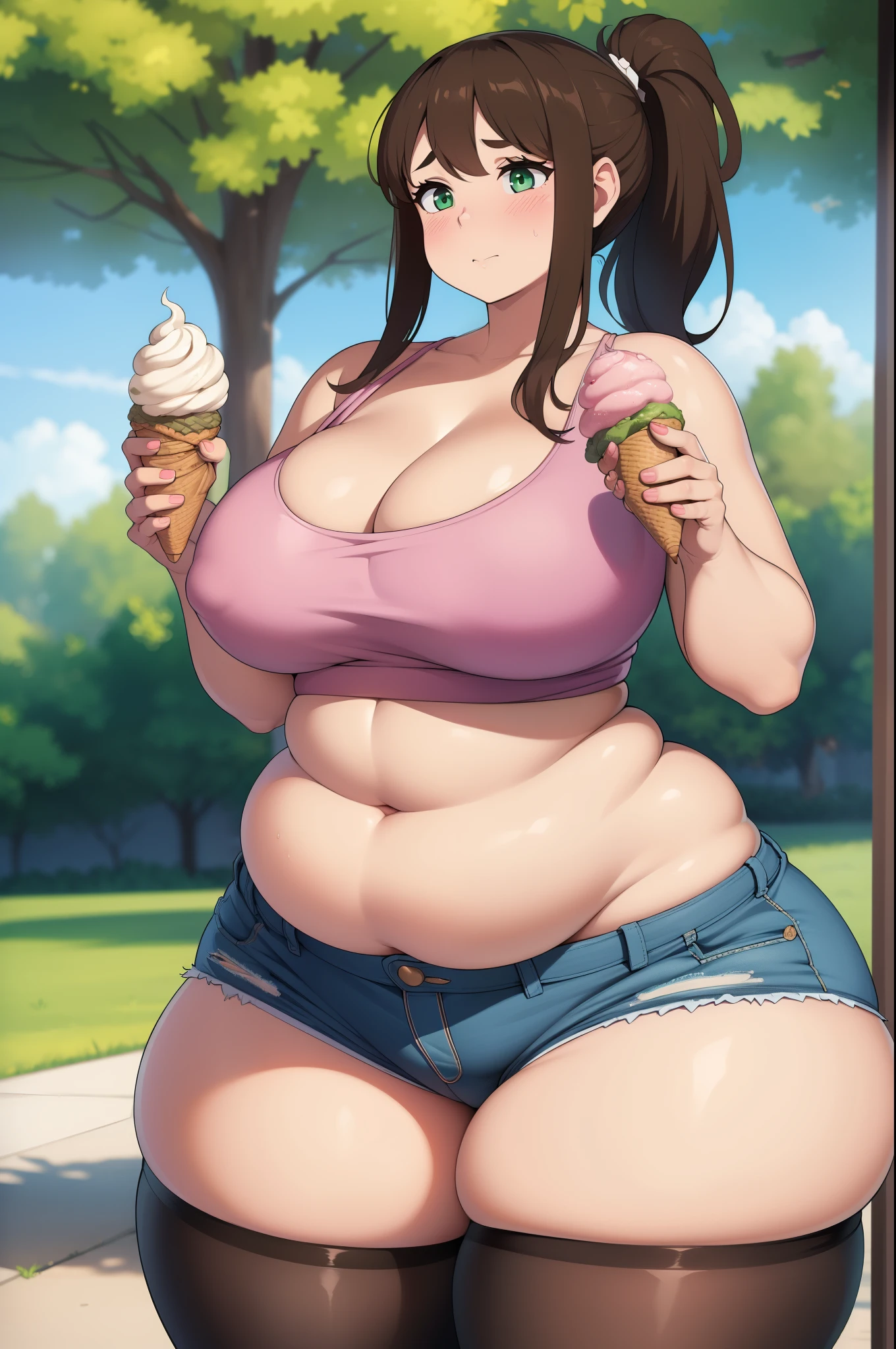 ((Masterpiece)), perfect anatomy, perfect shading, field of depth, (best quality), extremely delicate and beautiful, perfect lighting, detailed face, ultra cute face, cute, (1girl), (solo),

short fluffy brown hair, ponytail, green eyes, ((blush)), embarrassed, looking at viewer, crop top, shorts, cleavage, medium breasts, ((thick thighs)), ((wide hips)), fat ass, chubby, 

intricate background, detailed background, park, standing, holding ice cream,
