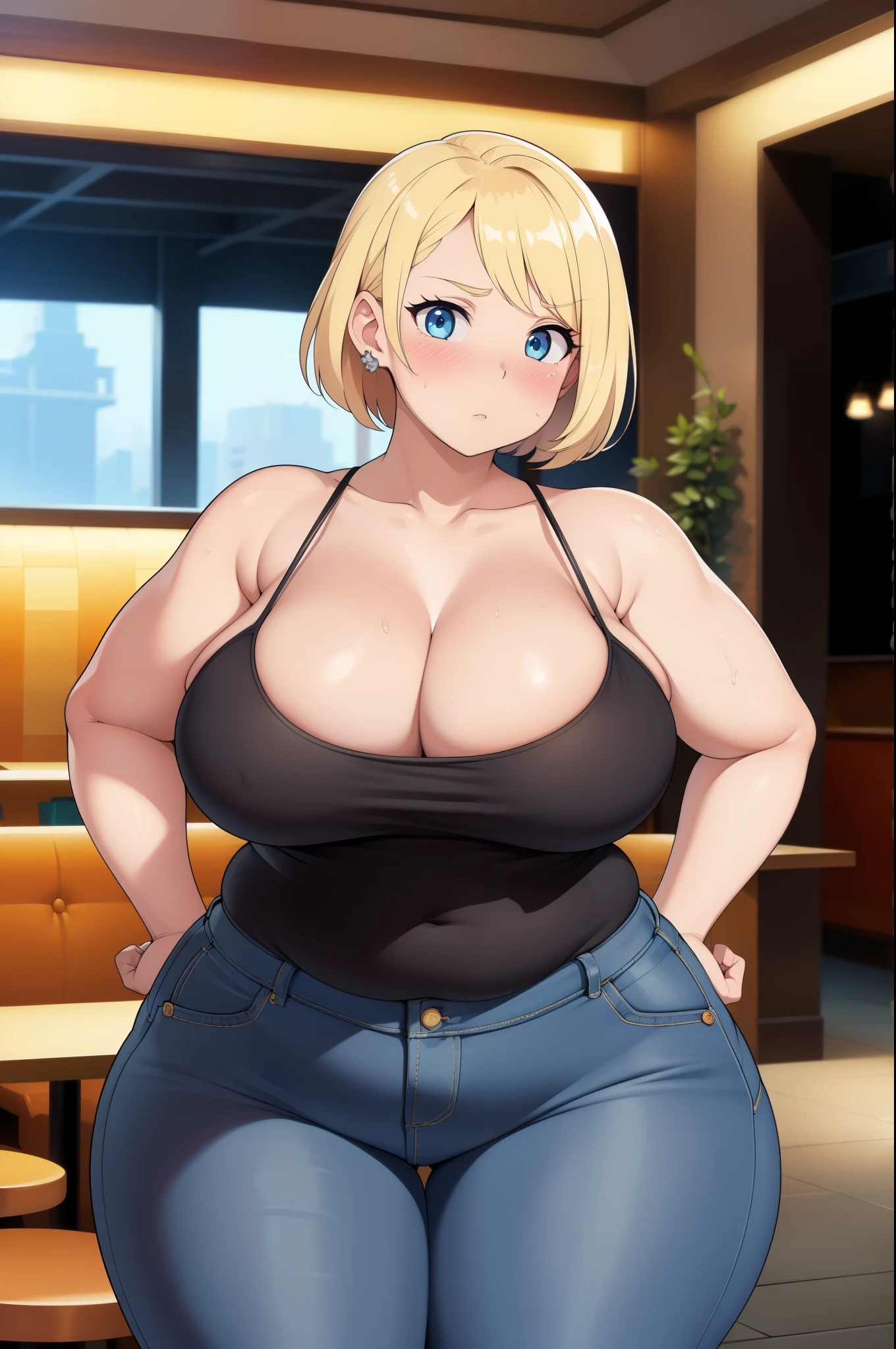 ((Masterpiece)), perfect anatomy, perfect shading, field of depth, (best quality), extremely delicate and beautiful, perfect lighting, detailed face, ultra cute face, cute, (1girl), (solo),
short fluffy blonde hair, blue eyes, ((blush)), nervous, looking at viewer, tank top, jeans, cleavage, large breasts, ((thick thighs)), (wide hips), fat ass, plump,
intricate background, detailed background, fast food restaurant, standing,