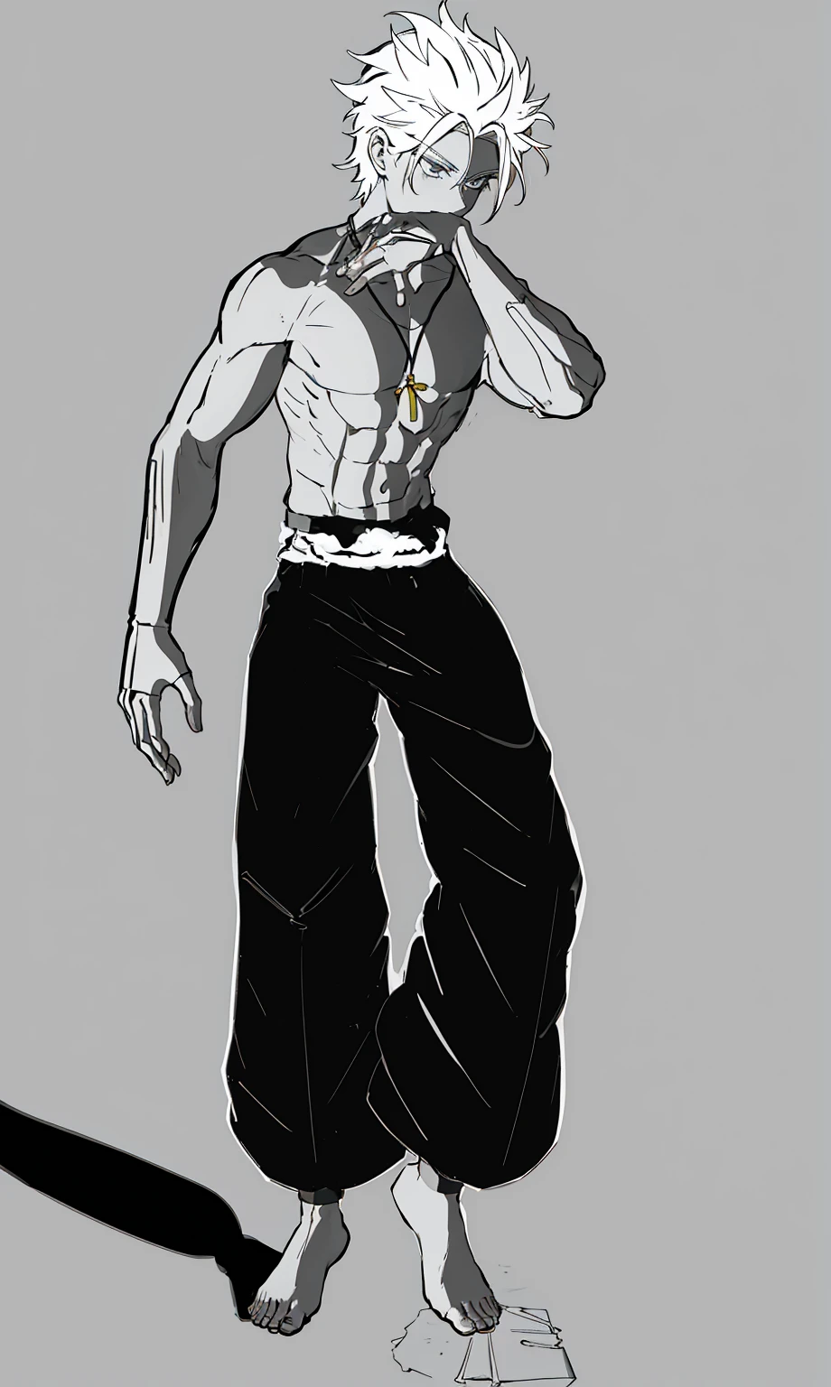male boy, white hair, defined body, white hair, black kung fu style pants
