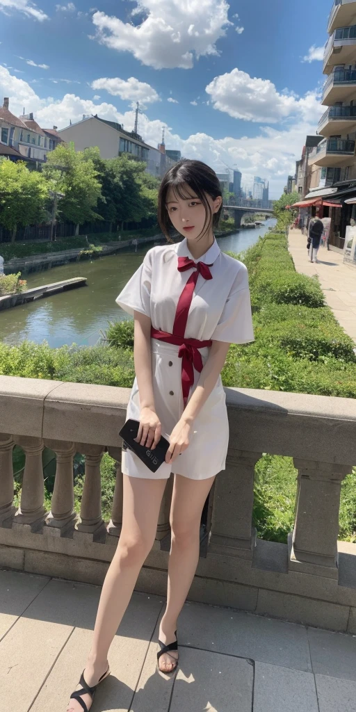 (masterpiece,up to date,Exceptional:1.2), anime,One girl,前hair,black_hair, Beautiful 8k eyes,green_null,bridge,building,city,city,cityscape,cloud,Day,lingerie:1.5,Looking_in_Audience,Outdoor,red_Neckwear,red_ribbon,ribbon,river,short_hair,short_sleeve,null,nullscraper,一人in,Are standing,town,