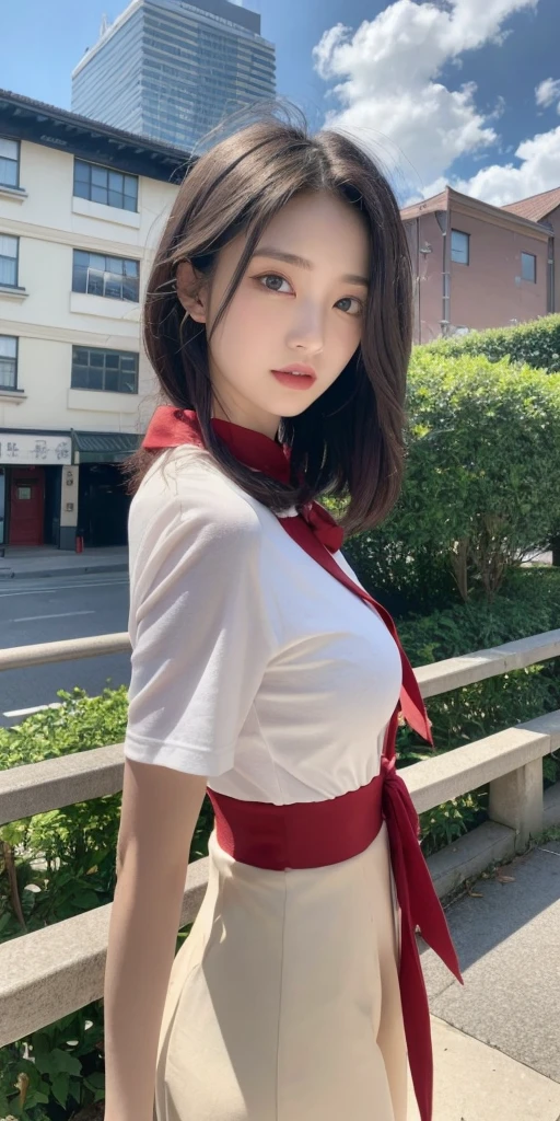 (masterpiece,up to date,Exceptional:1.2), anime,One girl,前hair,black_hair, Beautiful 8k eyes,green_null,bridge,building,city,city,cityscape,cloud,Day,lingerie:1.5,Looking_in_Audience,Outdoor,red_Neckwear,red_ribbon,ribbon,river,short_hair,short_sleeve,null,nullscraper,一人in,Are standing,town,