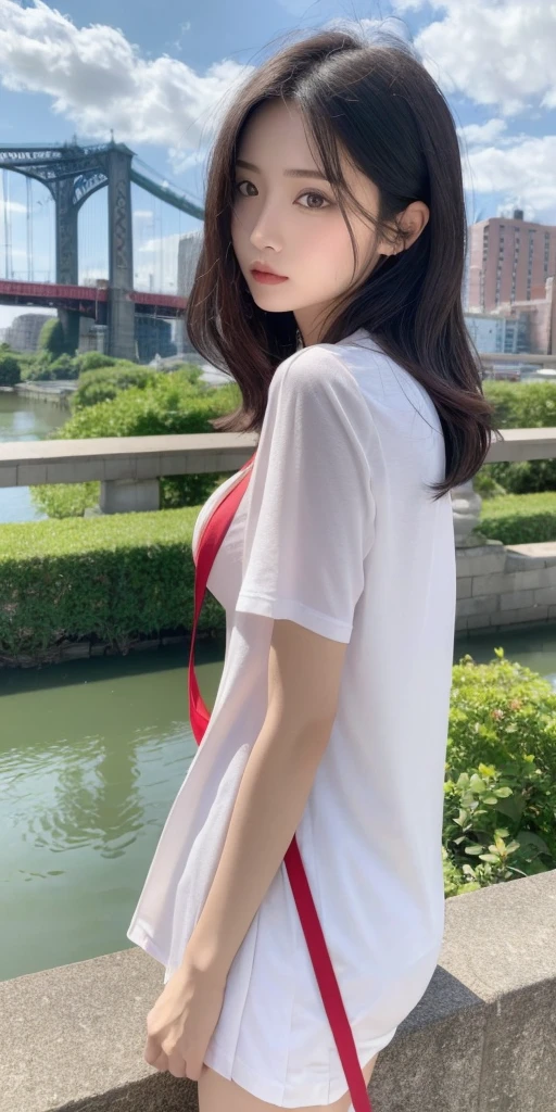 (masterpiece,up to date,Exceptional:1.2), anime,One girl,前hair,black_hair, Beautiful 8k eyes,green_null,bridge,building,city,city,cityscape,cloud,Day,lingerie:1.5,Looking_in_Audience,Outdoor,red_Neckwear,red_ribbon,ribbon,river,short_hair,short_sleeve,null,nullscraper,一人in,Are standing,town,