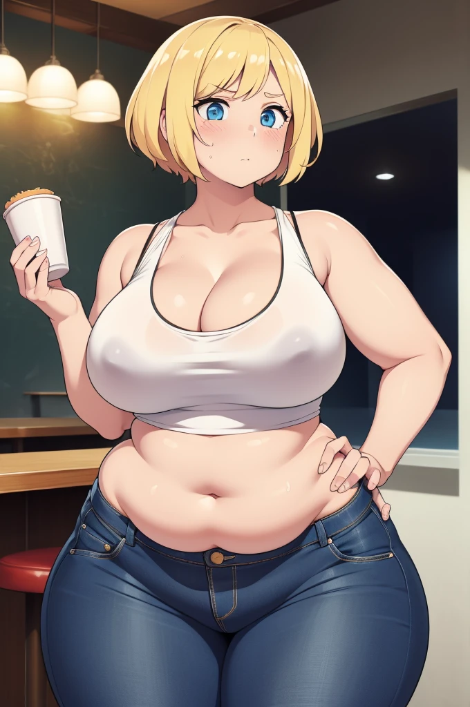 ((Masterpiece)), perfect anatomy, perfect shading, field of depth, (best quality), extremely delicate and beautiful, perfect lighting, detailed face, ultra cute face, cute, (1girl), (solo),
short fluffy blonde hair, blue eyes, ((blush)), nervous, looking at viewer, tank top, jeans, cleavage, large breasts, ((thick thighs)), (wide hips), fat ass, plump,
intricate background, detailed background, fast food restaurant, standing,