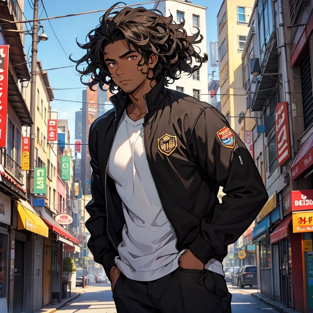 Black male character, black curly hair, eyes browns, in the background a city
