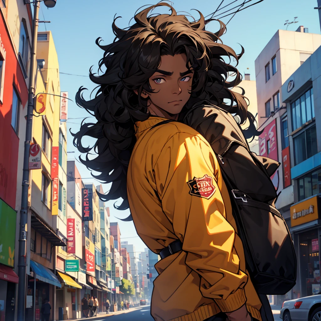 Black male character, black curly hair, eyes browns, in the background a city