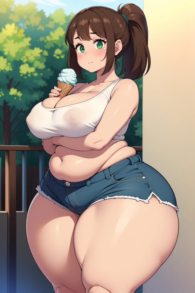 ((Masterpiece)), perfect anatomy, perfect shading, field of depth, (best quality), extremely delicate and beautiful, perfect lighting, detailed face, ultra cute face, cute, (1girl), (solo),

short fluffy brown hair, ponytail, green eyes, ((blush)), embarrassed, looking at viewer, crop top, shorts, cleavage, medium breasts, ((thick thighs)), ((wide hips)), fat ass, chubby, 

intricate background, detailed background, park, standing, holding ice cream,
