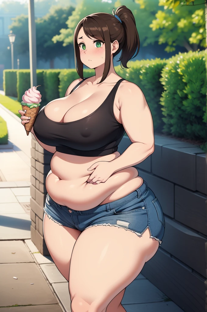 ((Masterpiece)), perfect anatomy, perfect shading, field of depth, (best quality), extremely delicate and beautiful, perfect lighting, detailed face, ultra cute face, cute, (1girl), (solo),
short fluffy brown hair, ponytail, green eyes, ((blush)), embarrassed, looking at viewer, crop top, shorts, cleavage, medium breasts, ((thick thighs)), ((wide hips)), fat ass, chubby,
intricate background, detailed background, park, standing, holding ice cream,