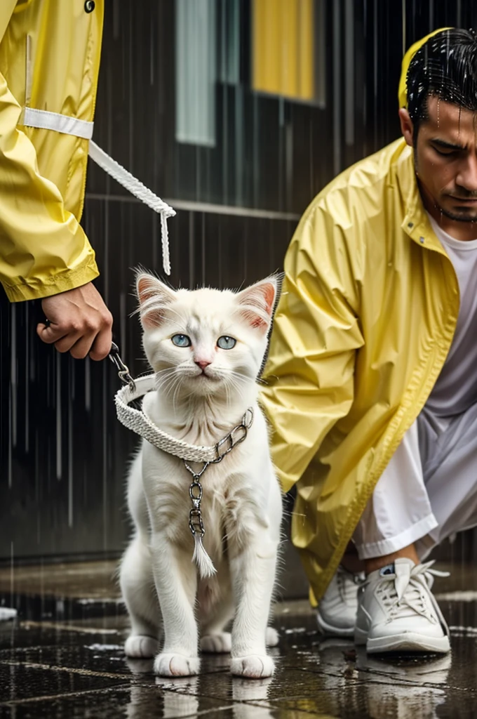 a white and yellow kitten in the rain crying sad and a man with torn clothes running after the rain after the kitten and that the man has a leash to hit him