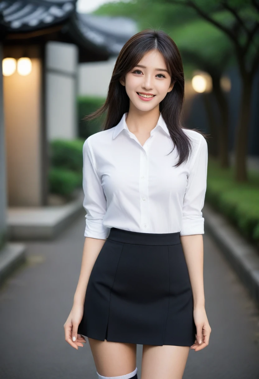 8K, Ultra-high resolution, Highest quality, masterpiece, 三分割法によるphotograph,Surreal, photograph, 1 Girl, (:1.3), pretty girl, Cute face, Beautiful eyes in every detail, 細かくdetailedに,masterpiece,, One Girl:1.2, Japan Female Announcer,whole body, White shirt, Are standing, whole bodyショット, Black Pencil Skirt, Outdoor, night, Urban area, Date, High heels 、Knee socks, Attractive thighs, Sensual,A carefree smile,Heal the heart,Black Hair,Long Straight Hair,Looking at the audience、beauty,Long neck、Laugh a little、Please close your mouth and laugh、(((Ideal body type))),A cup small breasts :2,、Portraiture:2、Perfect Anatomy、鮮明なdetailed、detailed、Surreal、Light and shadow,Strong light