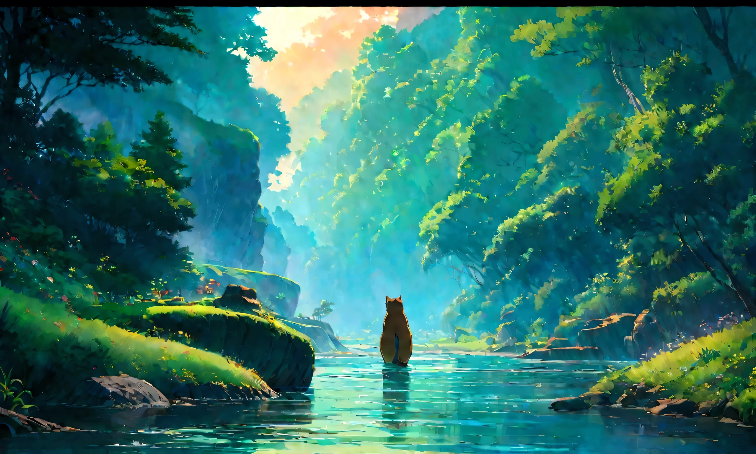 Studio Ghibli-style anime movies, Movie stills, Highest quality, masterpiece, Representative works, Official Art, Professional, Super intricate details, 8K,There is a cat in the distance, in the forest、relax、river