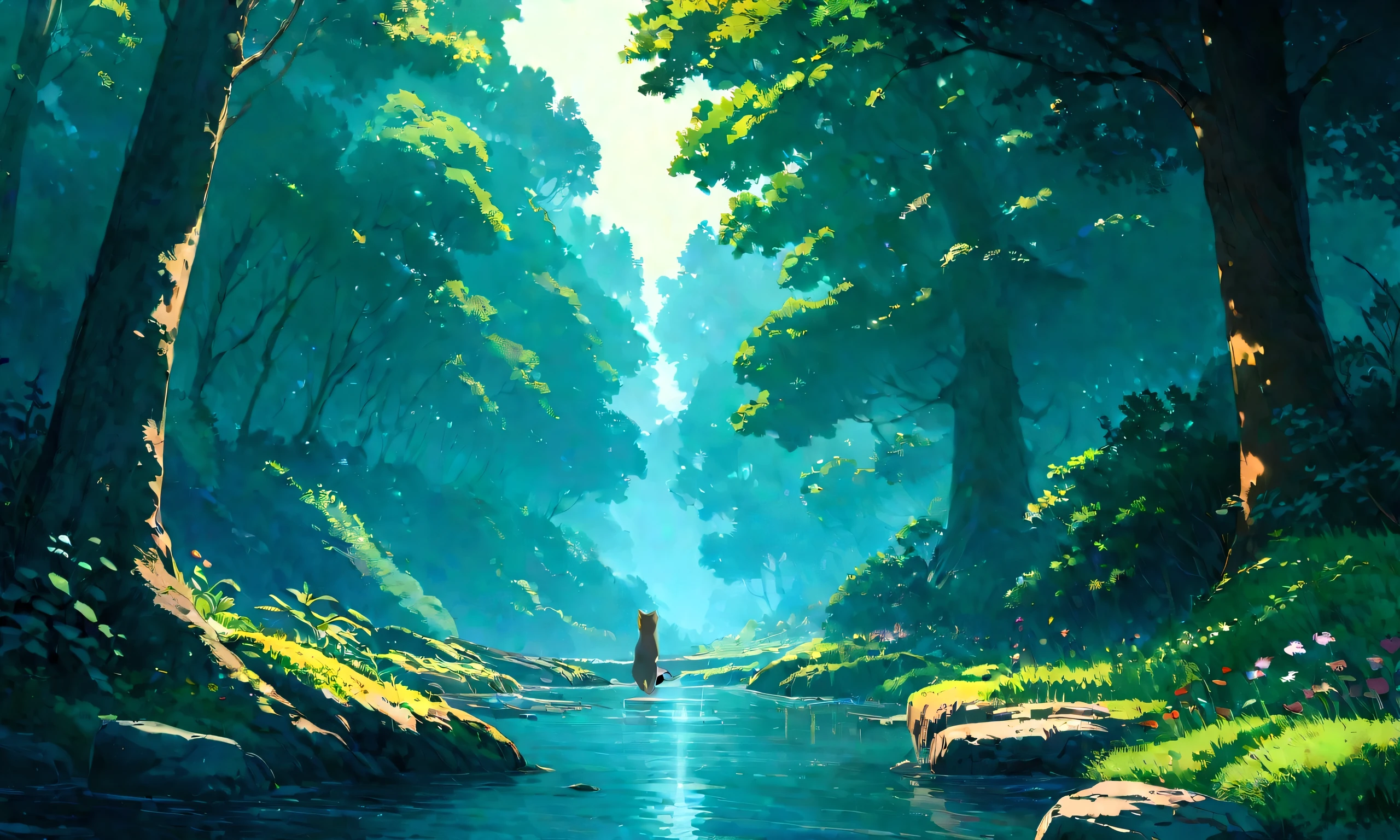 Studio Ghibli-style anime movies, Movie stills, Highest quality, masterpiece, Representative works, Official Art, Professional, Super intricate details, 8K,There is a cat in the distance, in the forest、relax、river
