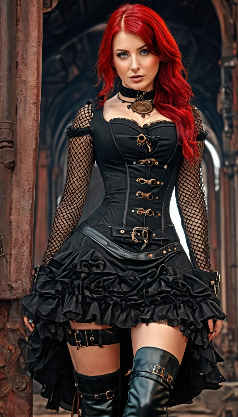 Masterpiece best quality, ultra high resolution, 4K detailed CG (Adriana Malkova 1.0) bright eyes, red hair, Steampunk, with black split-off mesh dress and boots