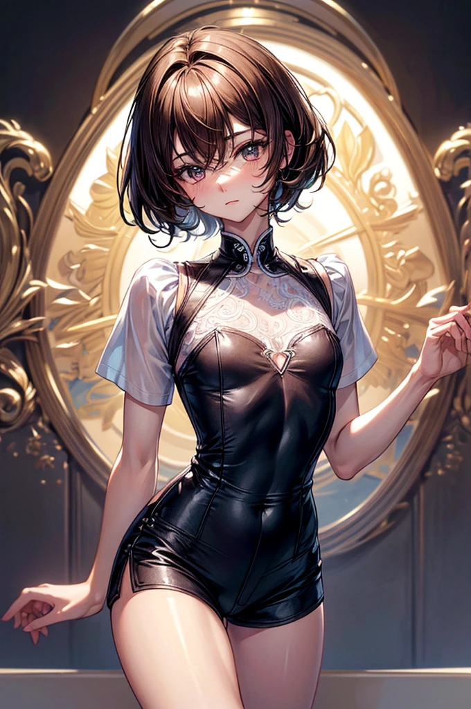 ((highest quality)),(ultra high resolution),(Super detailed),(detailed description),((best CG)),(best work of art),super precision art, great drawing art,(Art with precise details:1.5), (1 man: 1.5) cute looking young man, femboy, silky smooth back length brown hair, soft and cute facial features, slender dainty body, slim waist, small curves, small perky butt, silky smooth legs, very short height of 5ft 5,plain tee shirt and shorts, an overall cute femboy, simple European bedroom background