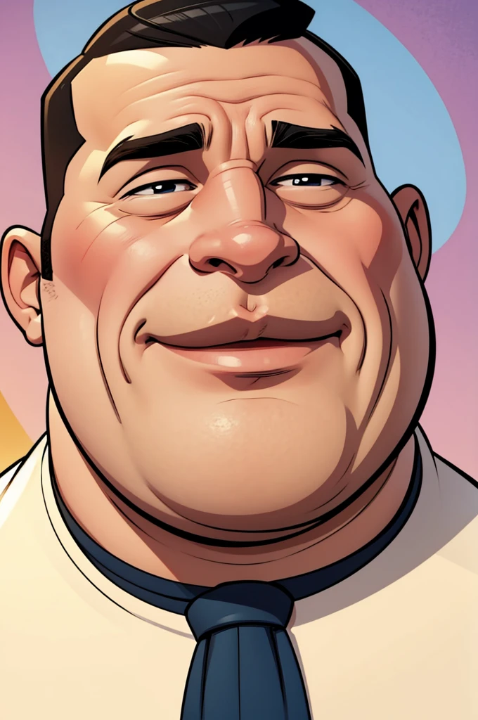 A cartoon caricature of a fat man with a wide nose and a big head, 60 years old