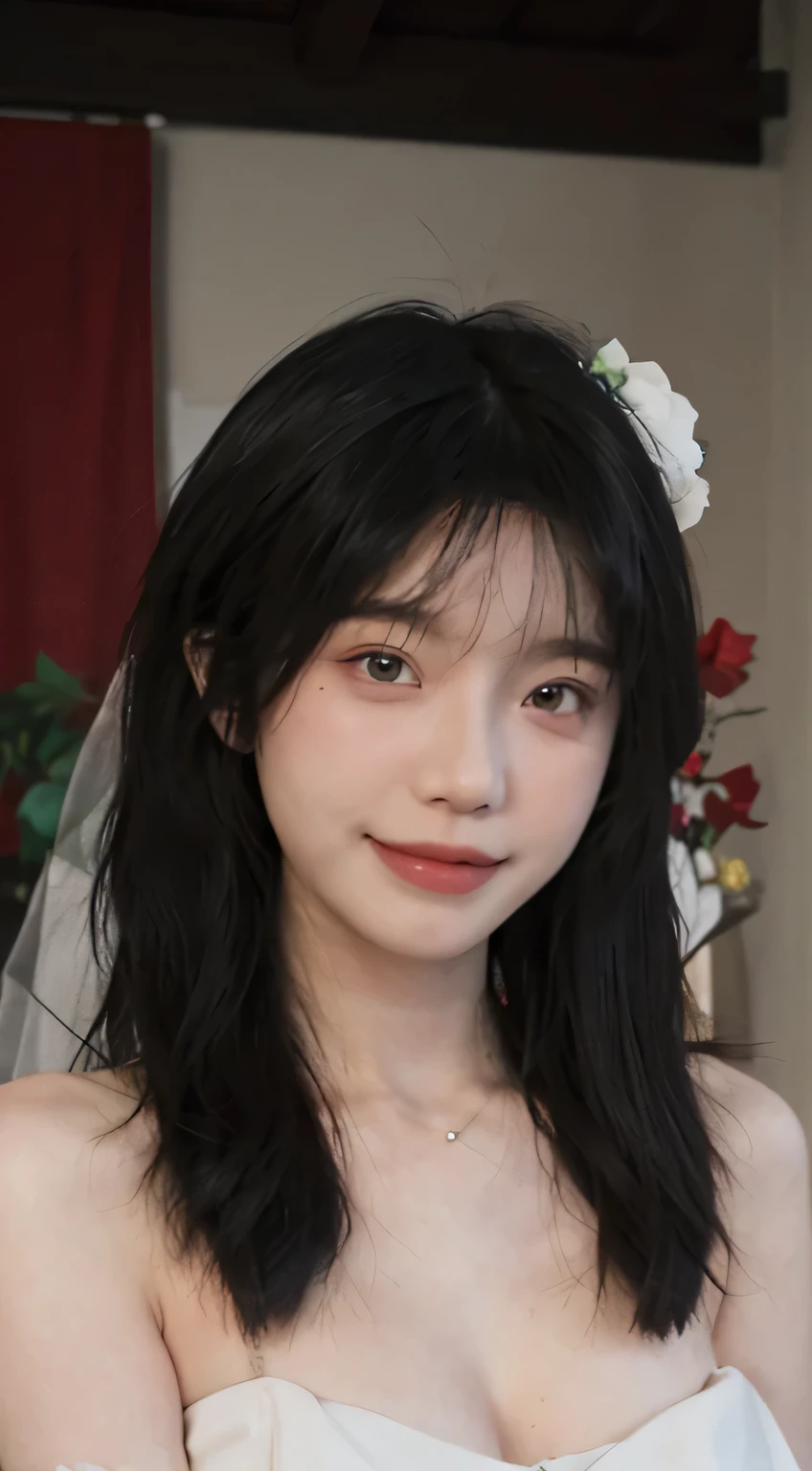 best qualtiy， Ultra-high resolution， （realisticlying：1.4），cute hairpin，Baoyu Girl，Stand in the wedding hall，Wearing a white bandeau wedding dress，（flatchest：1.2） ，A pair of clear and moving peach blossom eyes,Royal Sister，sunshine on face，Big wavy hairstyle，（choker necklace：1.2），（Fair skin：1.4），a sense of atmosphere，a beauty girl， Charming smile，head straight-looking at viewer， closeup cleavage ，(Photorealistic:1.4),1girll,sexly,(Upper body:1.4),(Wet body),(:1.2), curly hair