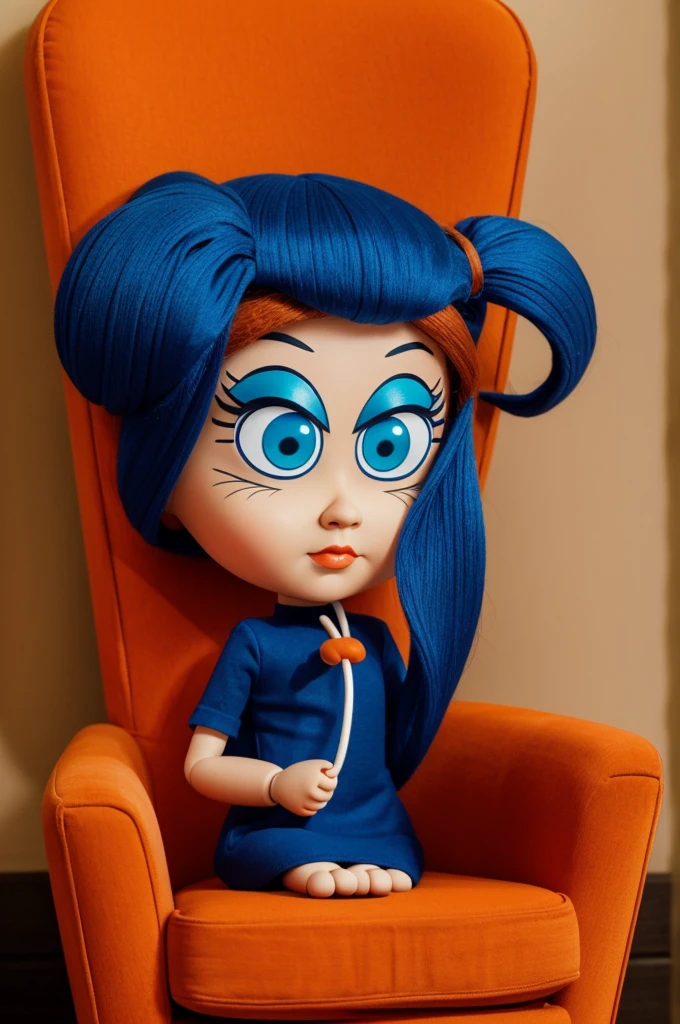 A cartoon baddie with long orange chair, blue eyes, nose, ring, big eyes, doll looking cartoon