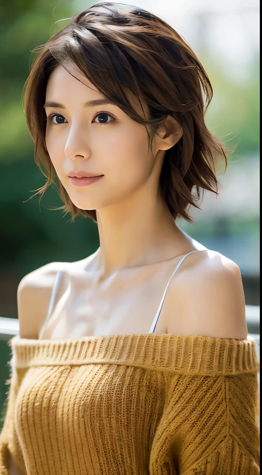 (a raw style, masterpiece, Highest quality, Very detailed), , Deep V sweater, Big Breasts, Healthy and happy, sunny, Analog Style, (Skin Texture, Cinematic Light, Side light, Ultra-high resolution