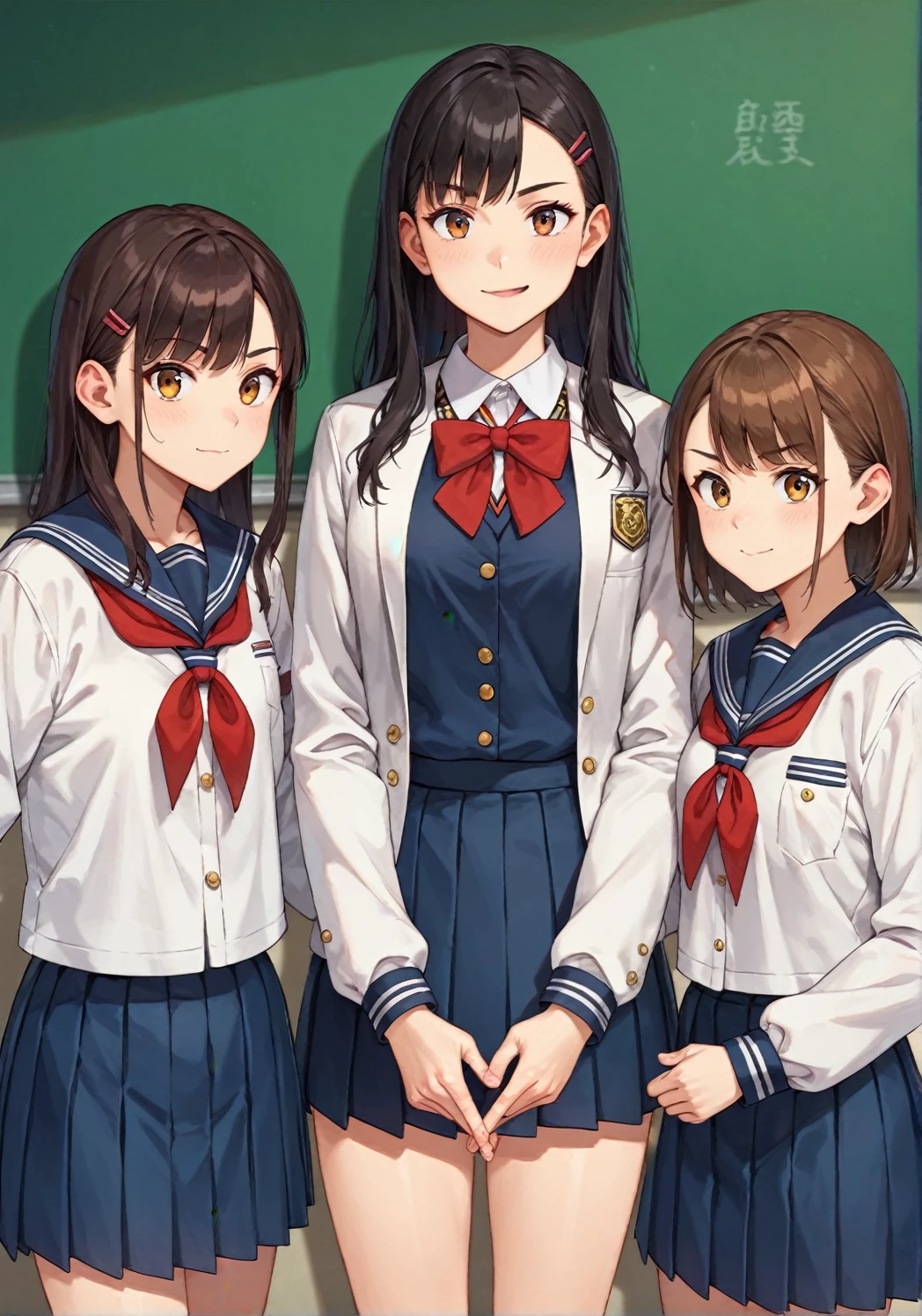 score_9, score_8_up, score_7_up, score_アニメ, Three friends, ((different genders:1.2)), (Guys), (white jackets), (дорогая school uniform), (school uniform), (British style), looking straight into the camera, front view, confident pose
