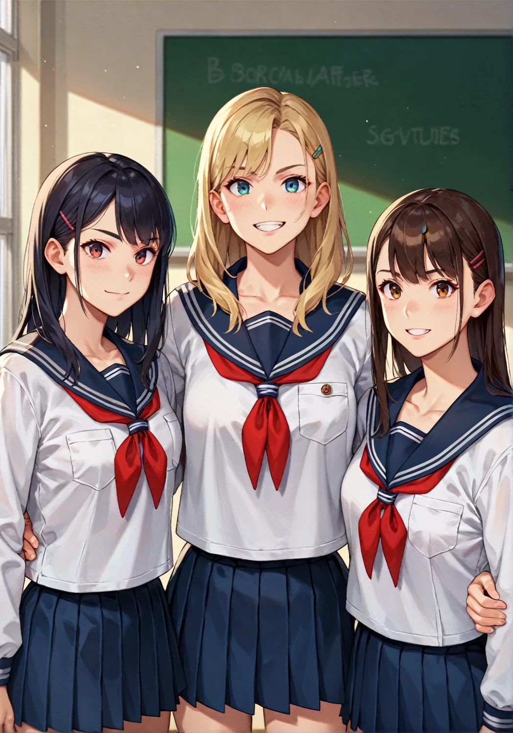 score_9, score_8_up, score_7_up, score_アニメ, Three friends, ((different genders:1.2)), (Guys), (white jackets), (дорогая school uniform), (school uniform), (British style), looking straight into the camera, front view, confident pose