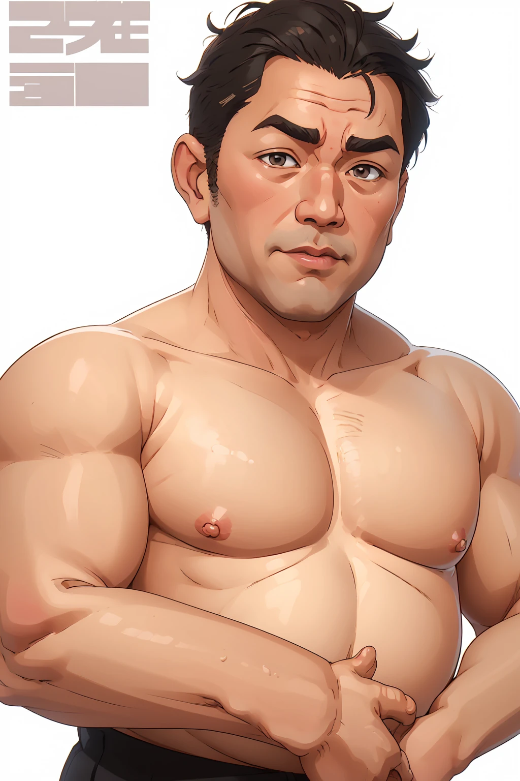 Shinzo Abe, older Japanese business man, overweight, chubby, mid-50 business man, top balding, chubby, small, highly detailed, 4k, ((((nude)))), ((((((upper body portrait)))))), ((plain white background))