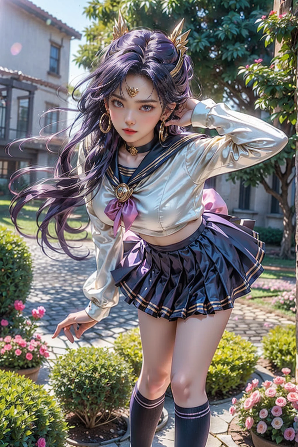 (Ultra-Realistic, 32k, Masterpiece: 1.2), (Detailed Skin: 1.1), (High Quality: 1.1), Sailor Saturn, open mouth, purple hair, tiara, Sailor Senshi uniform, purple sailor collar, pleated skirt, elbow hand pockets, jewelry, brooch, choker, knee socks, high heels, garden, blooming flowers, well-tended lawn, fragrant blurry background, , big breasts, large breasts, (viewer's gaze, leaning forward: 1.1), (Golden Hour: 1.1)