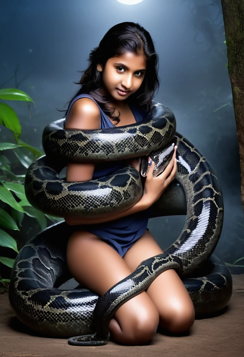 Happy Horny, aroused 1girl), beautiful kneeling Indian young teen girl  with  giant colossal black anaconda monster  squeezing her hard, wrapped in thick spiraling coils, constricted, struggle, gasping for air, snake attack, snake peril, moonless night, dim light